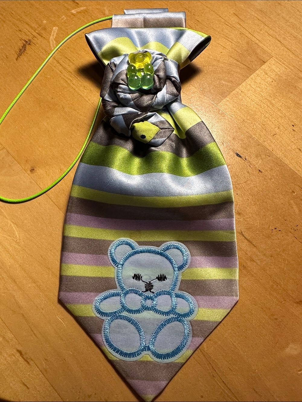 Gene Meyer All Silk Necklace Tie with Colorful Stripes and Blue Bear Patch